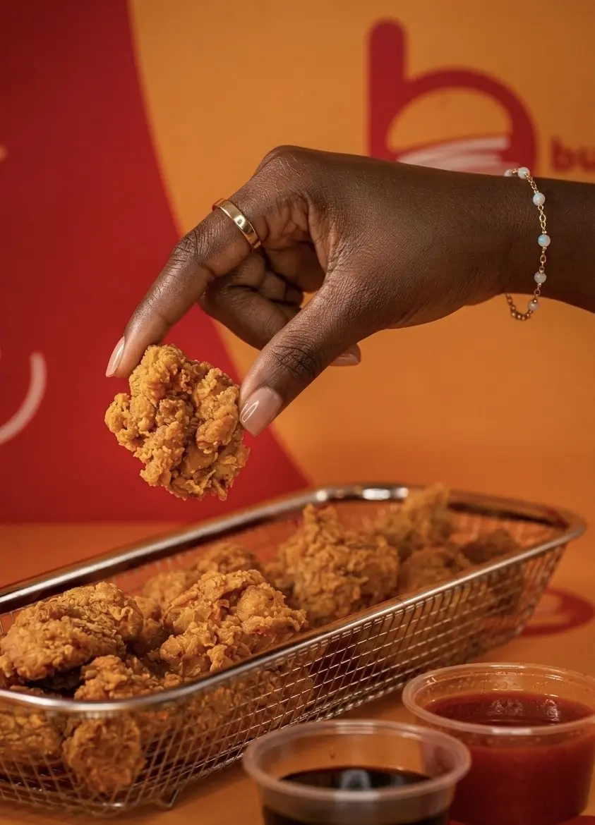 Crispy chicken dipped in sauce